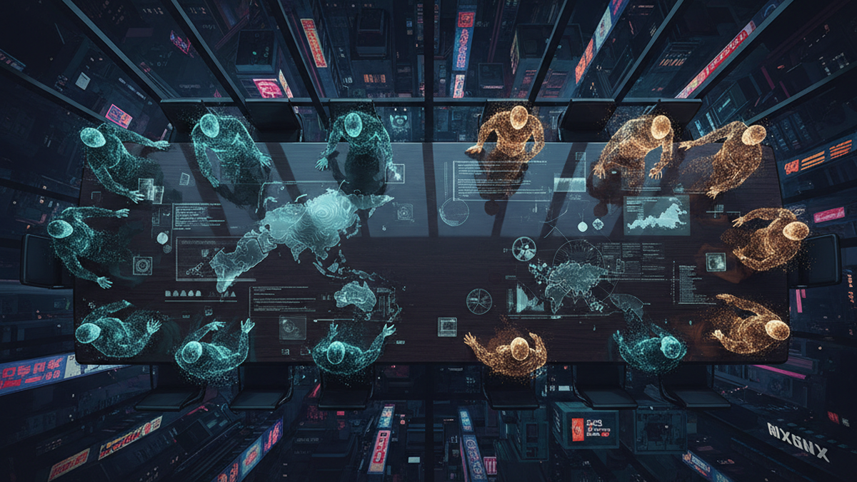 A cinematic illustration of two towering AI architectures facing each other across an Asian cityscape at night