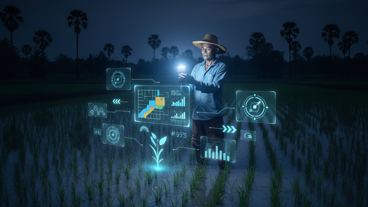 Farmer in rice paddy using smartphone AI crop analysis with holographic data overlays