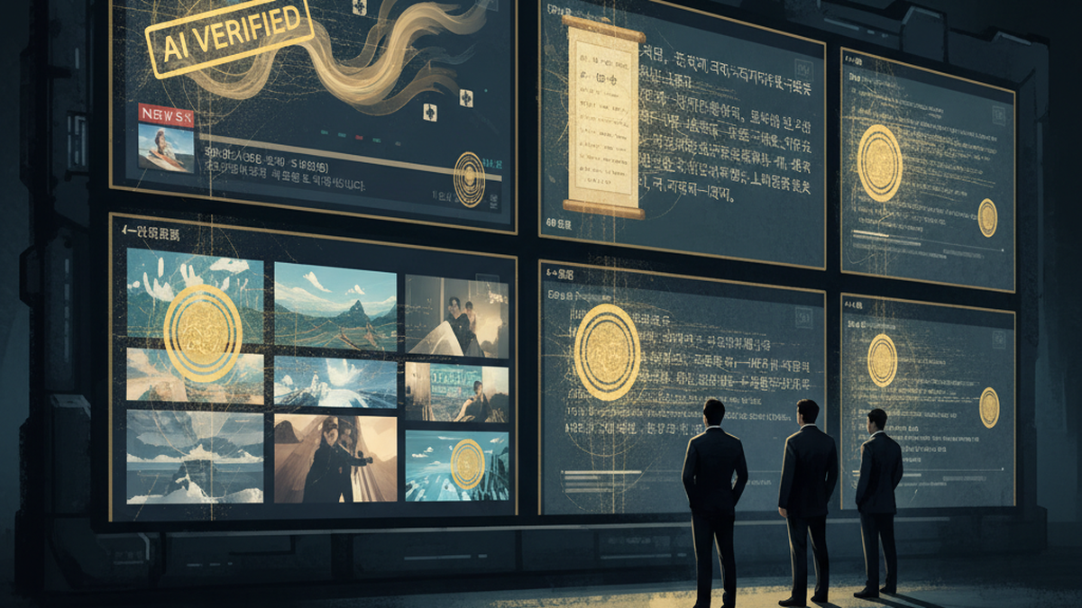 Digital screens in a dark command centre displaying AI content with glowing gold verification stamps and watermark overlays being applied in real-time
