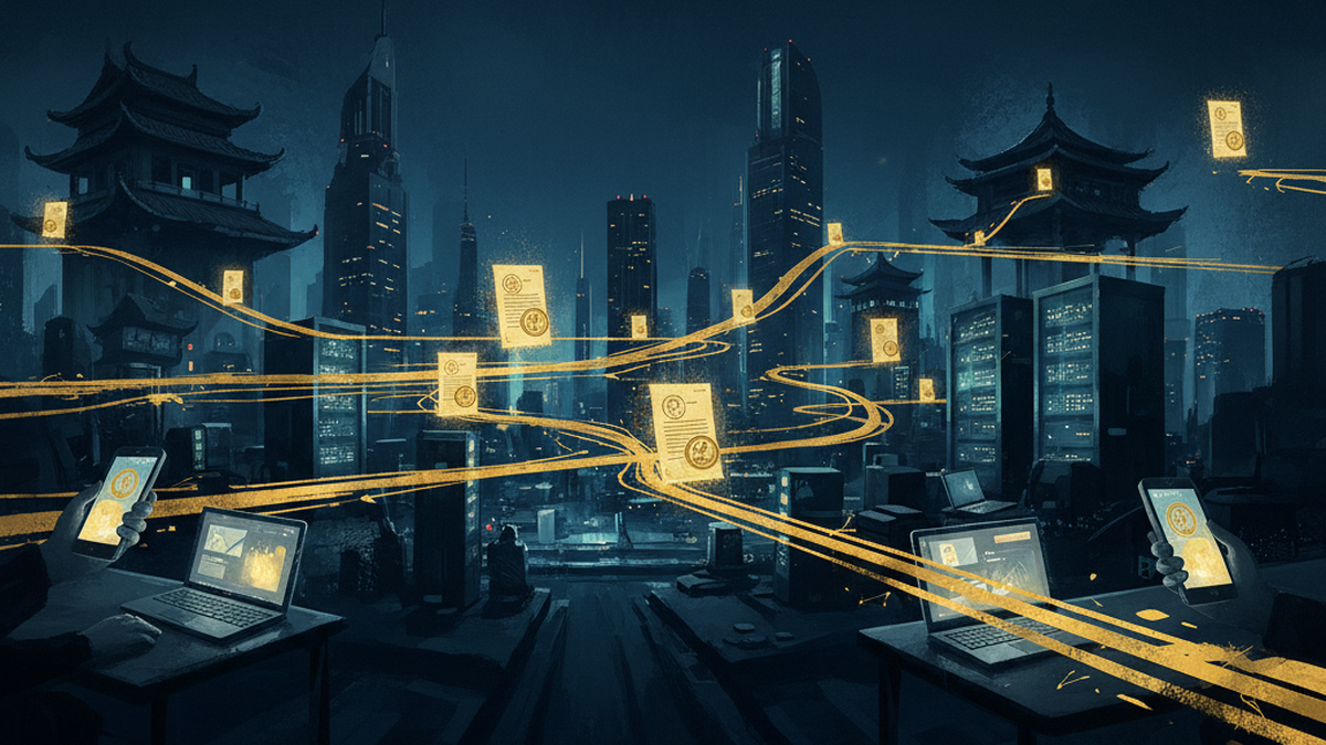 Illustration of digital content being tagged and traced across Asian platforms