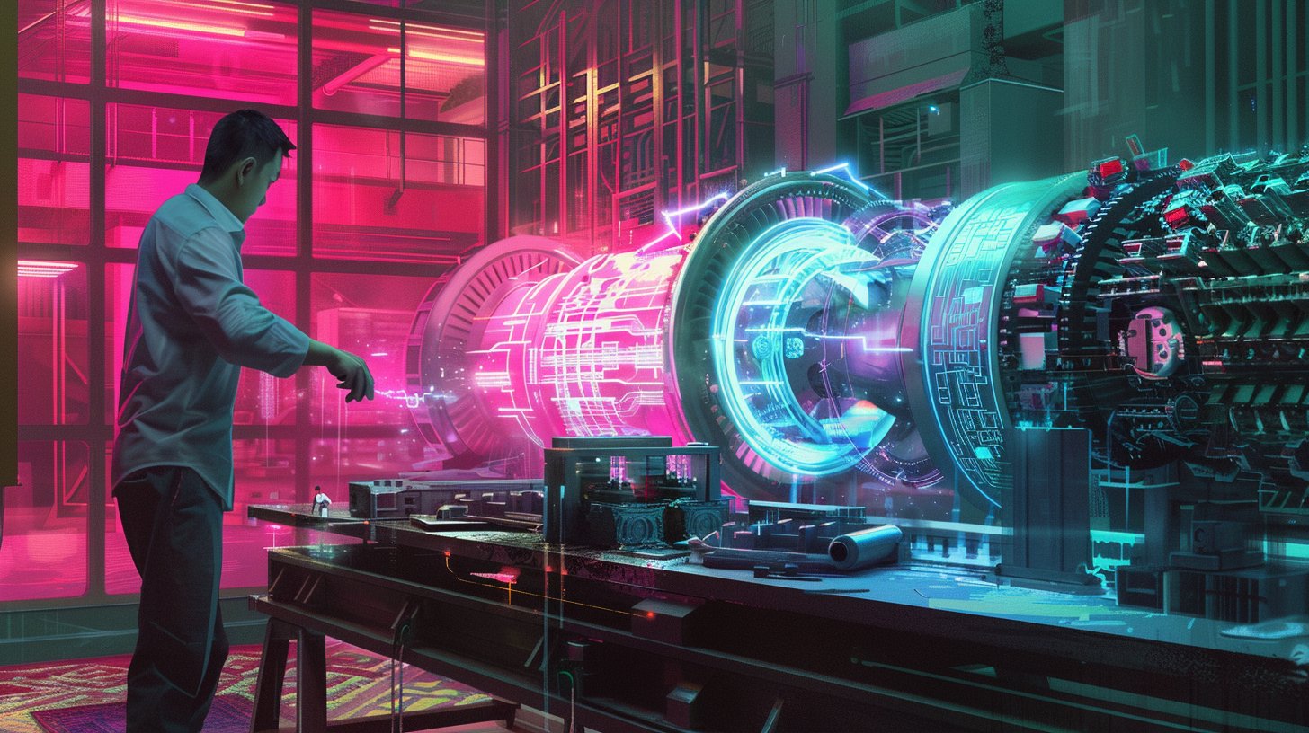 A stylized concept art illustration of a senior Chinese factory engineer in a modern workshop, his hands hovering over a glowing, holographic blueprint of a high-speed rail turbine. 