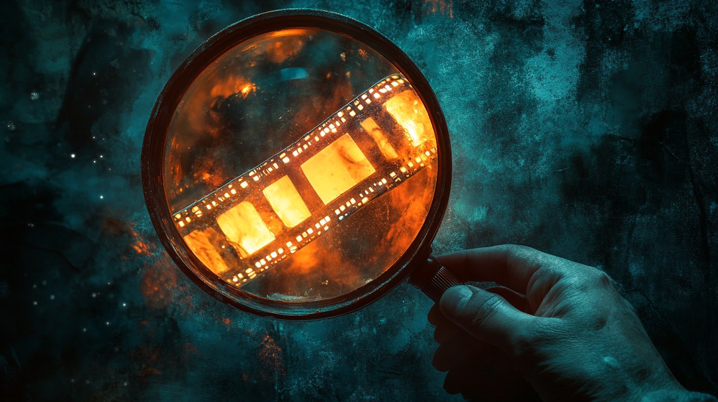 Dark cinematic still life with a film clapperboard, smartphone, ring light, and earbuds on a moody surface with blue and teal accent lighting