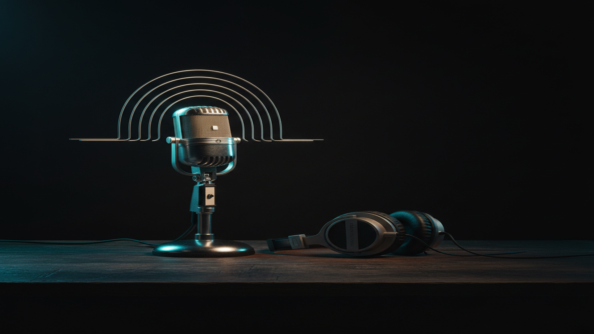 Vintage condenser microphone and studio headphones on a dark wood surface with blue and teal accent lighting