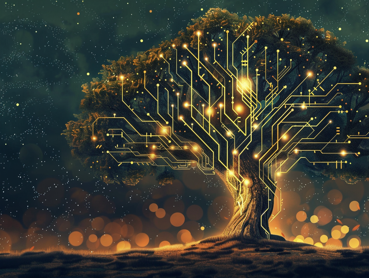 A digital illustration of a tree with circuit patterns